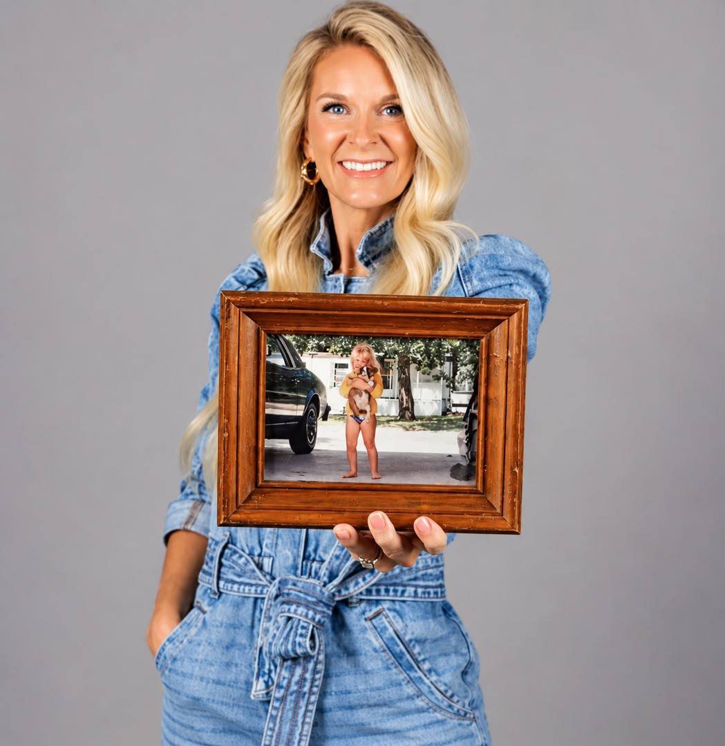 Lauren Loftis Moore, Boxer breeder at Heritage Boxer Home, smiling and holding a framed childhood photo of herself with a puppy